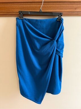 Draped Knot-Front Asymmetrical Skirt in Cobalt Blue